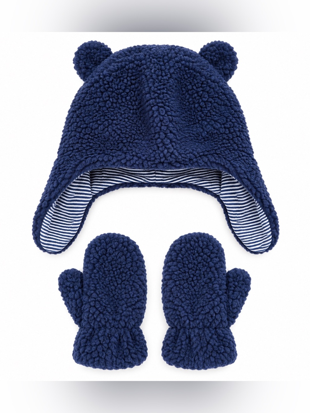 Carter's Baby 0-9M Navy Sherpa Bear Ear Trapper Hat Mittens Winter Set